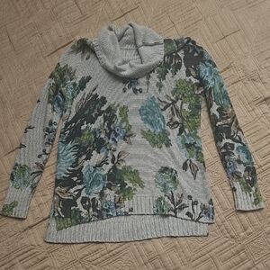 Floral Gray\ Green Cotton Sweater with Cowl Neck